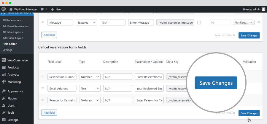 Table Reservations-Field Editor-Cancel Reservation forms-Save Changes